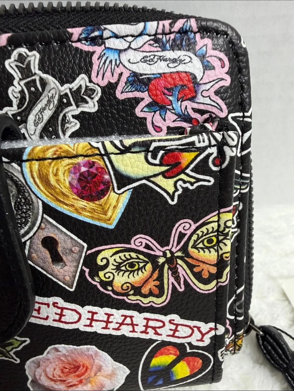 Ed Hardy Black Floral & Tattoo-Print Zip Wallet